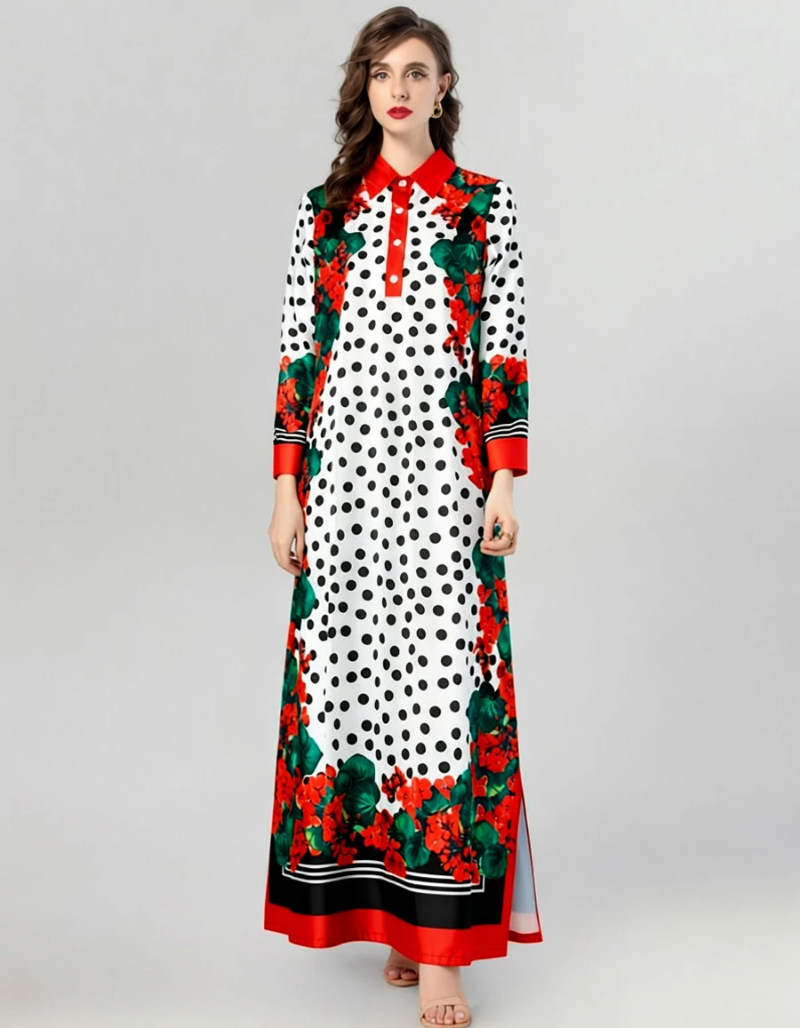 Abito lungo da donna con stampa floreale rossa e pois, colletto abbottonato, maniche lunghe, abiti fluidi stile vintage