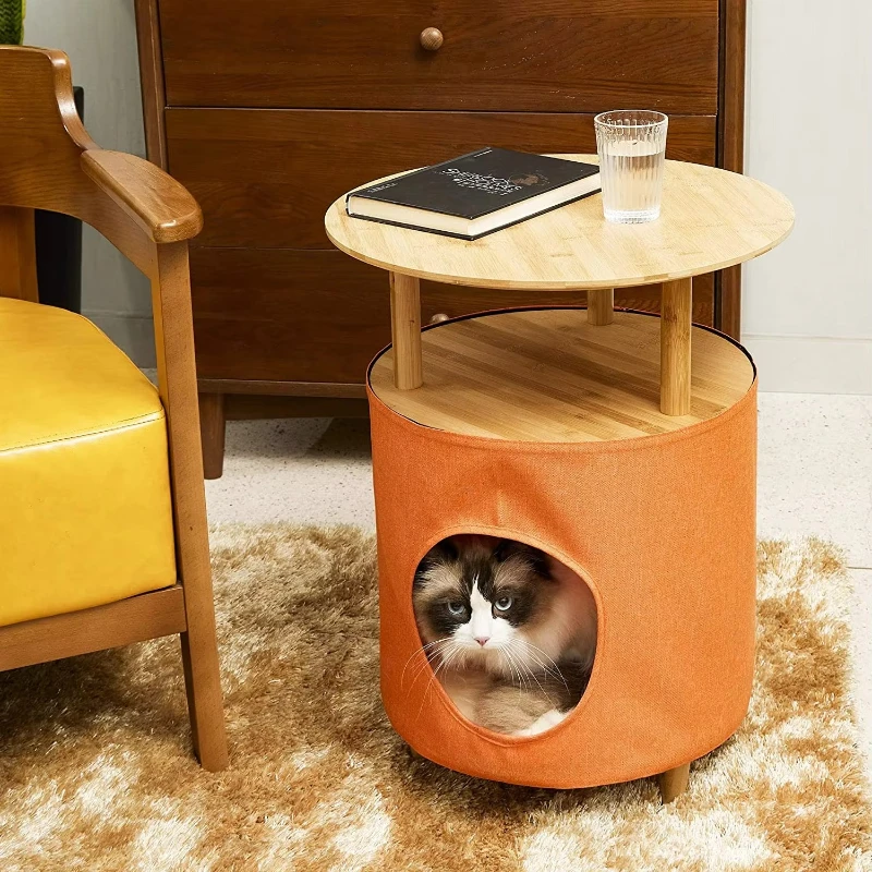 

Modern Style Round Side Table with Extendable Cat House and Bed Hot Sale Accent Coffee & Bedside Table Made of Bamboo