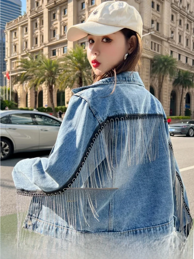 

Tassel Design Denim Jaet Spring Autumn Women's Faion Outerwear Loose Fit Button Detail Bright Tead ort Coat