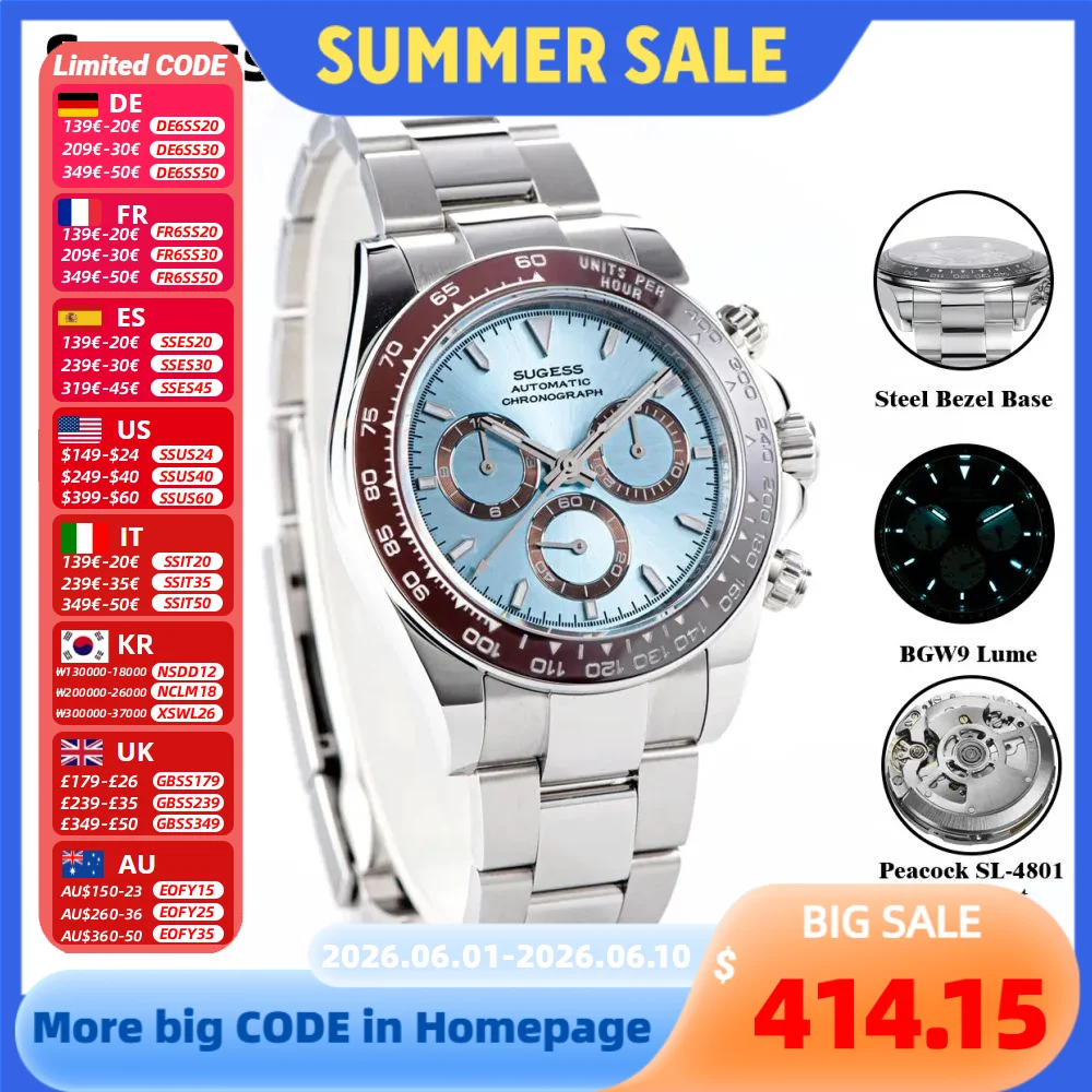 

Sugess Diving Mens Watch Panda Automatic Mechanical Chronograph Peacock SL4801 Movement Wristwatch Waterproof Ceramic Bezel New