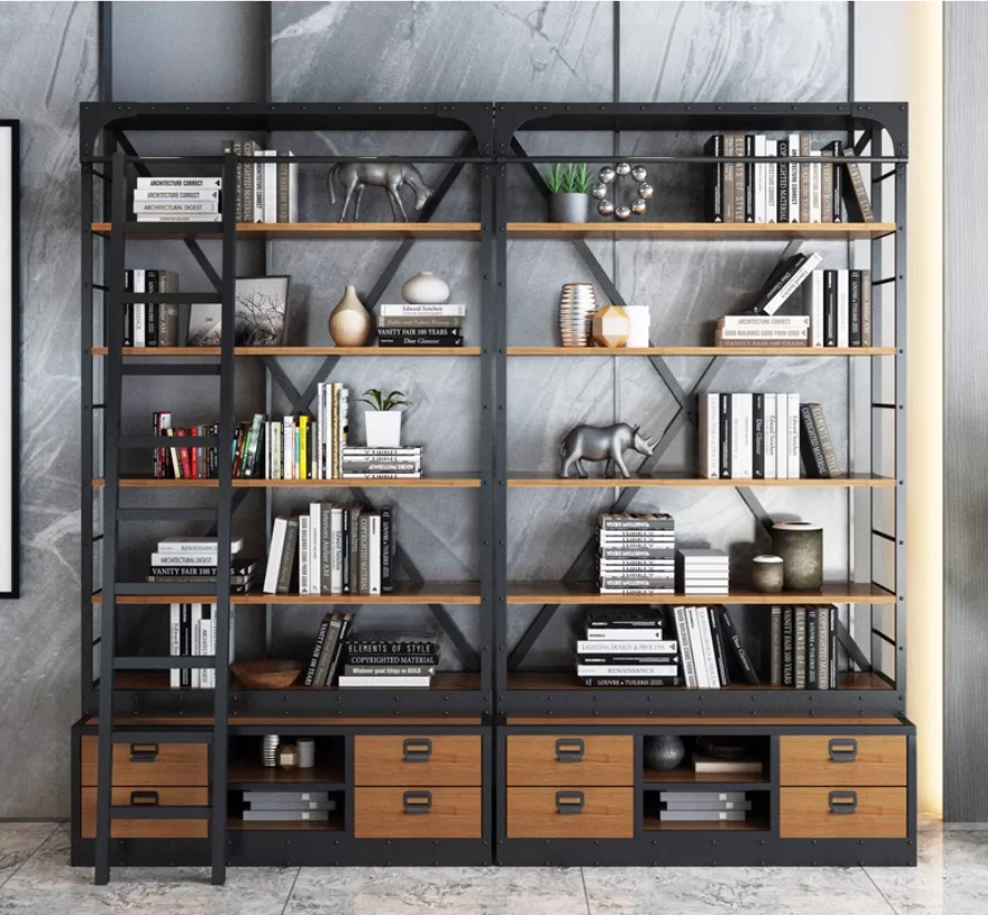 Industrial style furniture solid wood wall bookshelf custom living room study creative floor-to-ceiling bookcase Iron shelf