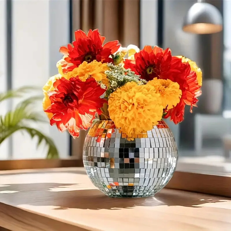 3pcs Disco Ball Flower Pots/Vases/Bowls/Plant Stands/Silvery Mirrored Glass Decorative Vases/Makeup Holders with Pen Holders, su