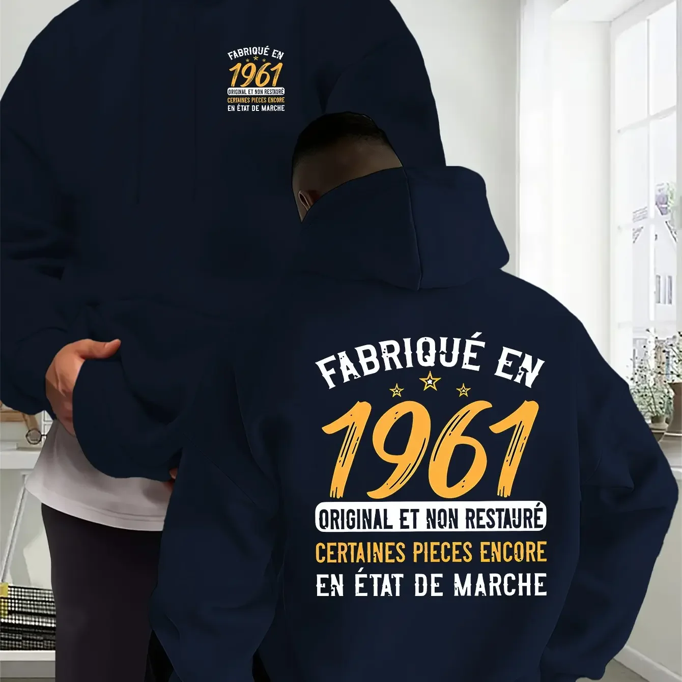 Men's Double-Sided Print Design Hooded Sweatshirt FABRIQUÉ EN 1961 French-Style Vintage Year Creative Pattern Casual Sweatshirt