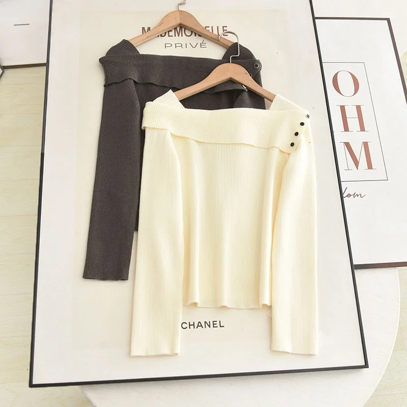 

French Sle One-oulder Sweater Inner Wear Gentle Wind Wide System Autumn Winter New Arrival Women's Knitted Top