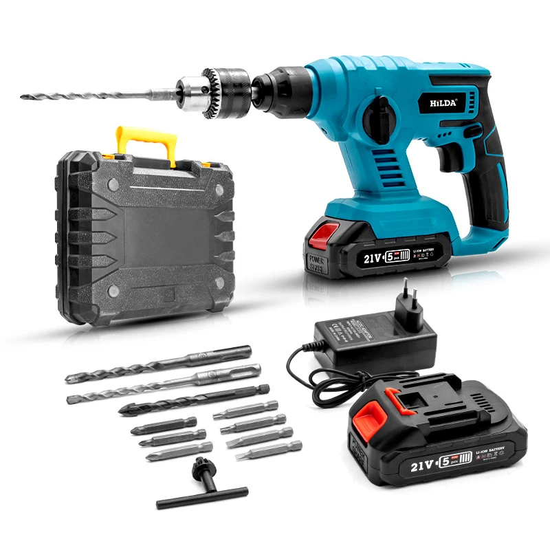 Brushless Motor 21V Cordless Electric Rotary Hammer Percussion Drill with SDS-Plus Chuck and 2PCS Batteries