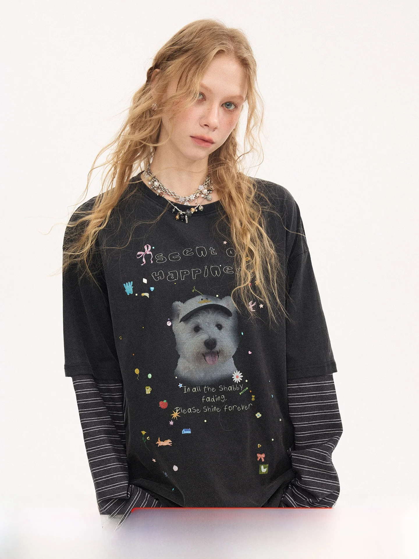DIDDI MODA Cartoon Sticker  Rhinestone Splicing Long Sleeve Loose round Neck Full Cotton T-Shirt Women's New Style