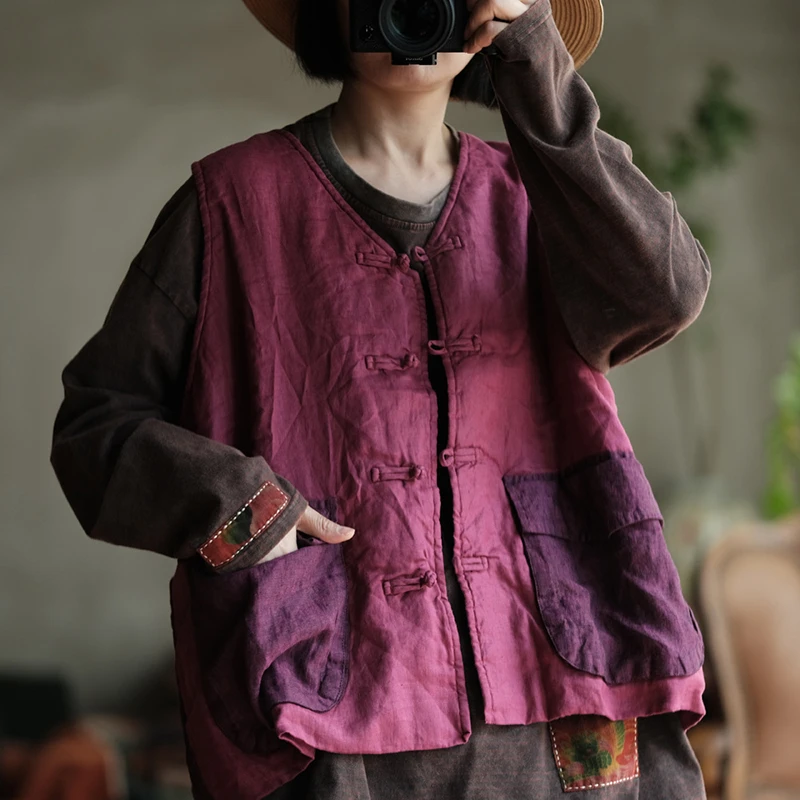 

100% Linen Women Casual Vest Coats New Arrival 2025 Autumn Vintage Style V-neck Patchwork Color Female Sleeveless Jackets M1954