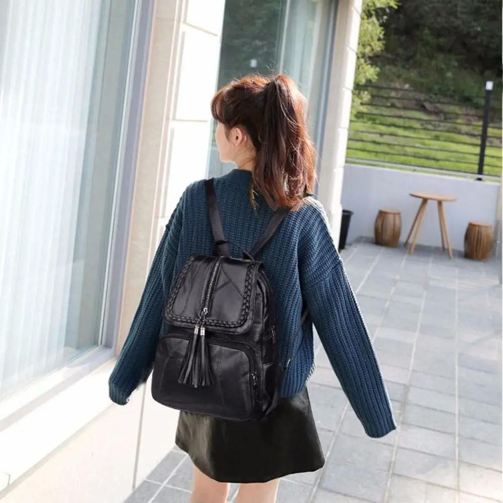 Cute Solid Color PU Leather Backpack Black Korean Style Tasse Shoulder Bag Handbag Soft Students School Bag Lady