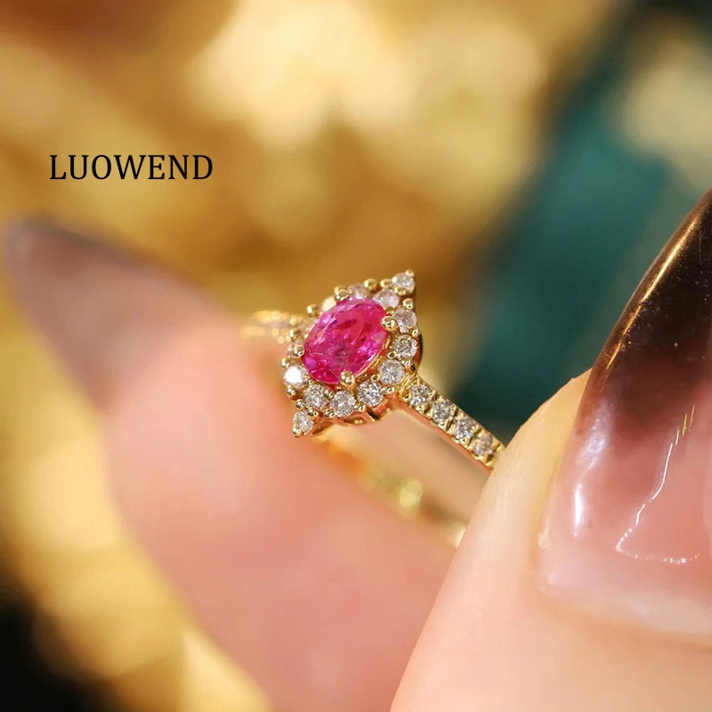 LUOWEND 100% 18K Yellow Gold Rings Elegant Angel Eyes Shape Natural Diamond Natural Ruby Ring for Women High Party Jewelry