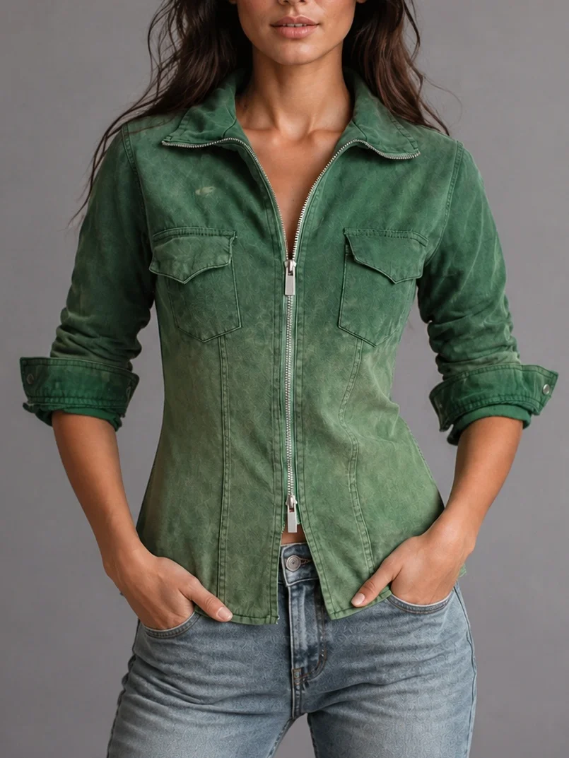 Women's Vintage Washed Army Green Denim Utility Jacket, Collared Zip-Up Slim Waist Double Pocket Casual Coat