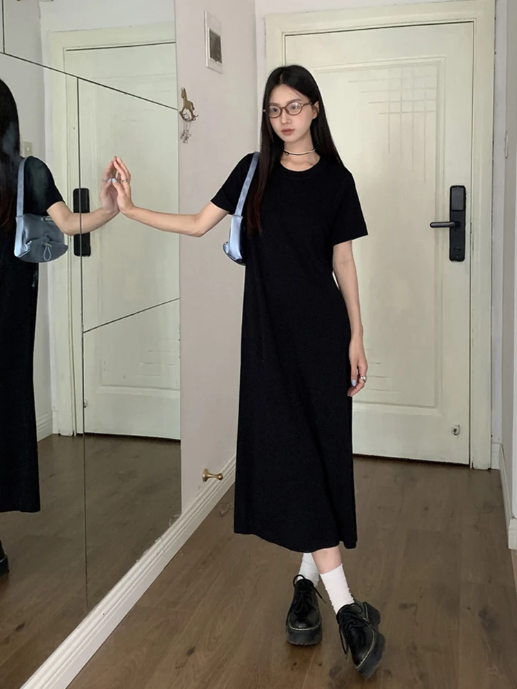 Simple Black Short-sleeved Black Dress Women's Summer Casual T-shirt Long Dress Streetwear Boho