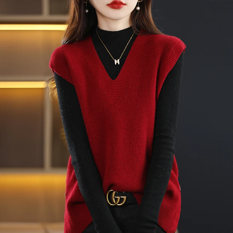 

New Fashion Autumn Winter 100% Merino Wool Sweater Vest Women's Solid V-Neck Knitwear Casual Waffle Cashmere Clothing Tops