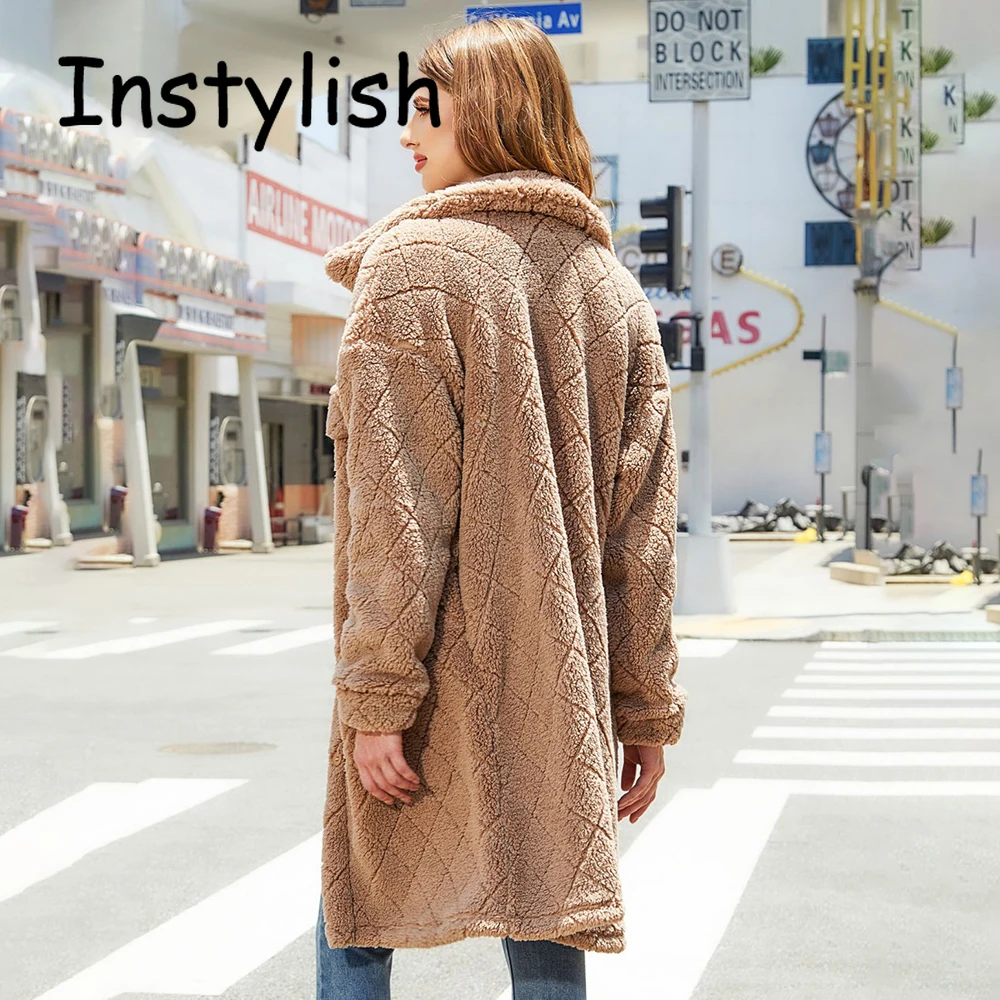 Chaqueta elegante de piel sintética para mujer, abrigo largo de oso de peluche con botonadura única, ropa de calle Retro coreana para invierno, novedad de 2023