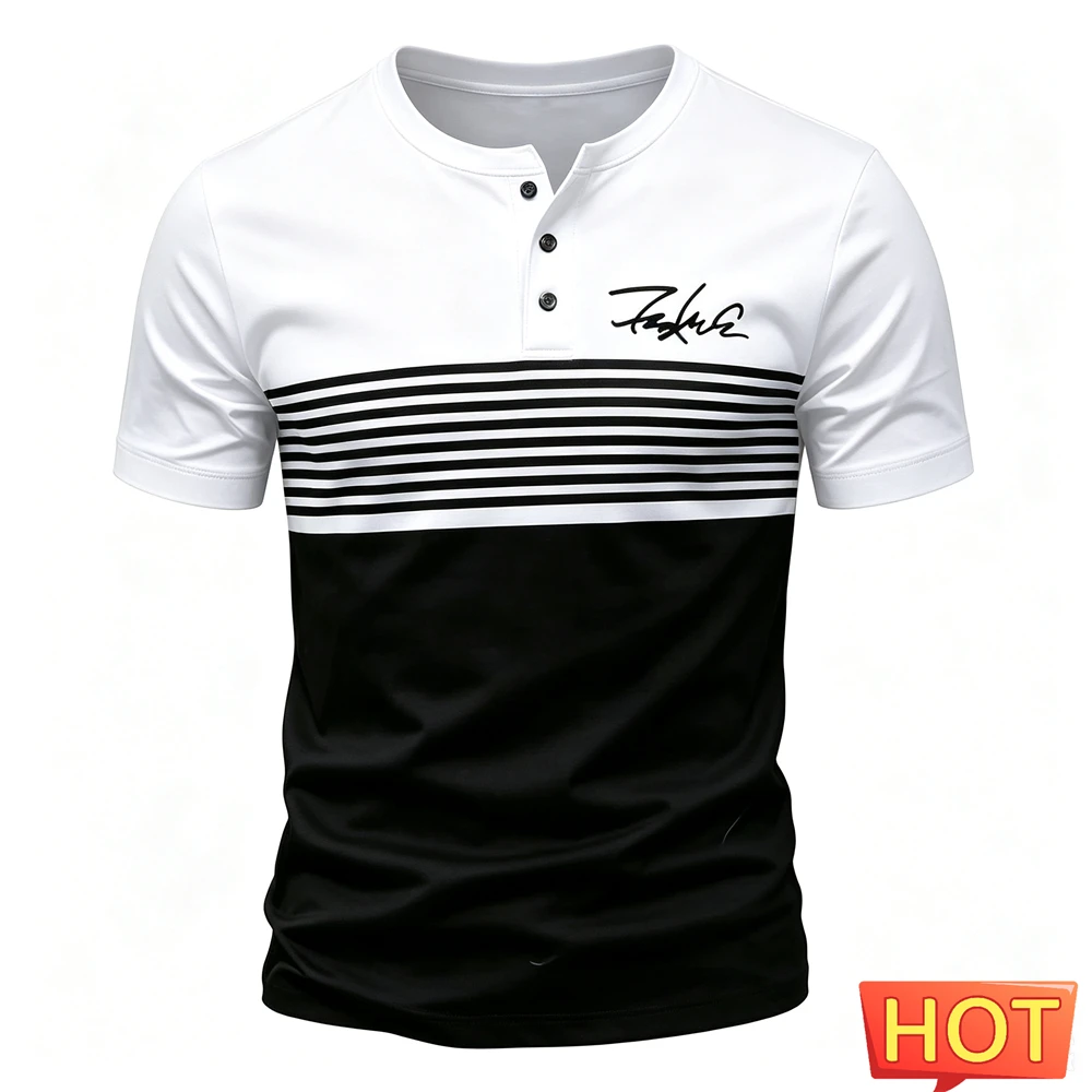 Summer Simple Men's Henley Shirts Fashion Letter Stripe Print Button Tops Casual Loose Henry Collar Short Sleeve Tees Streetwear