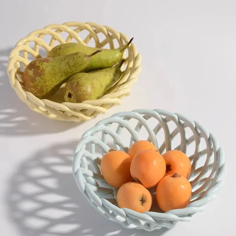 Ceramic Hand-woven Fruit Basket Ornaments Nordic Living Room Snack Bread Storage Craft Decoration