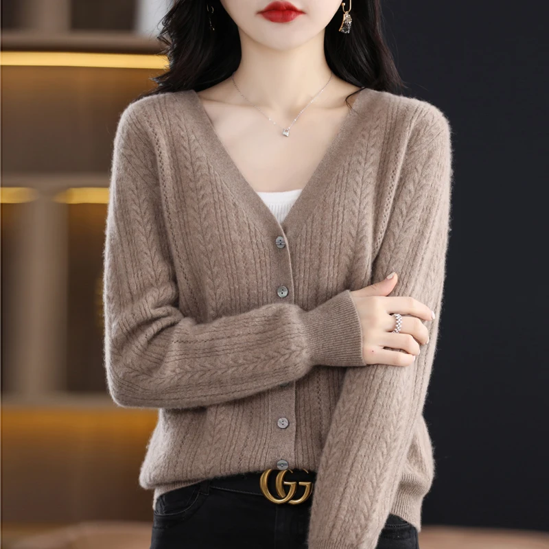 100% Wool Cardigan Womens Clothing V-neck Sweater Female Long Sleeve Tops Knitted Korean Fashion Warm New In Outerwear Cardigan