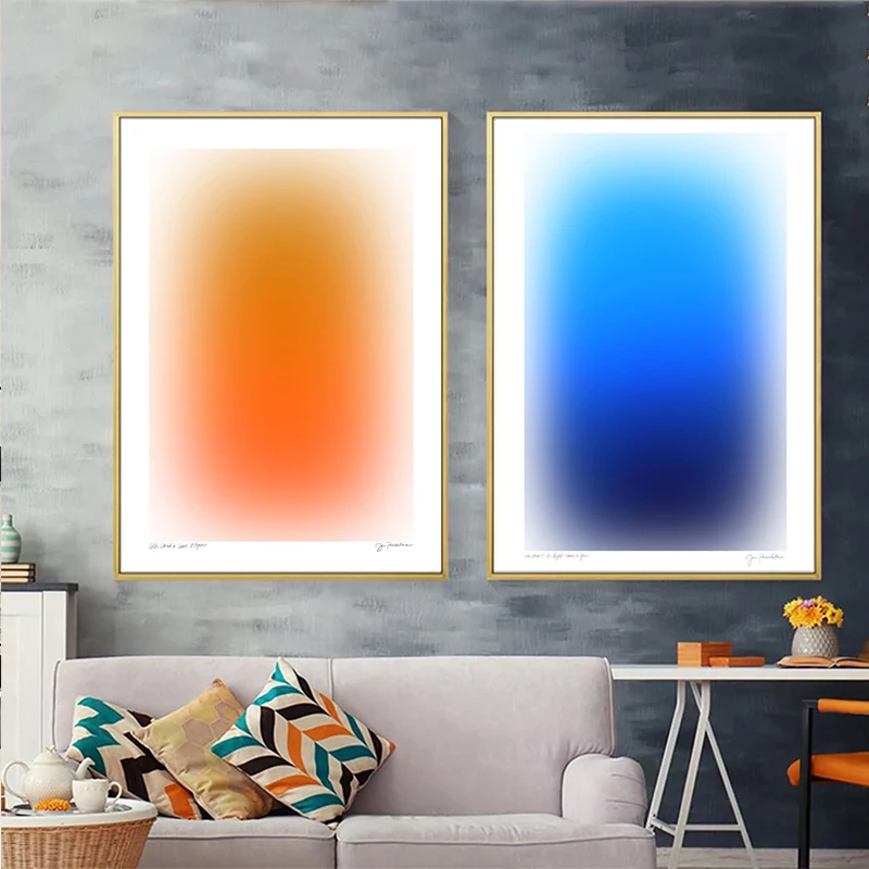 （2D canvas painting）Dizzy Abstract Blue Orange Color Canvas Print Painting Poster Modern Nordic Minor Art Style Living Room H