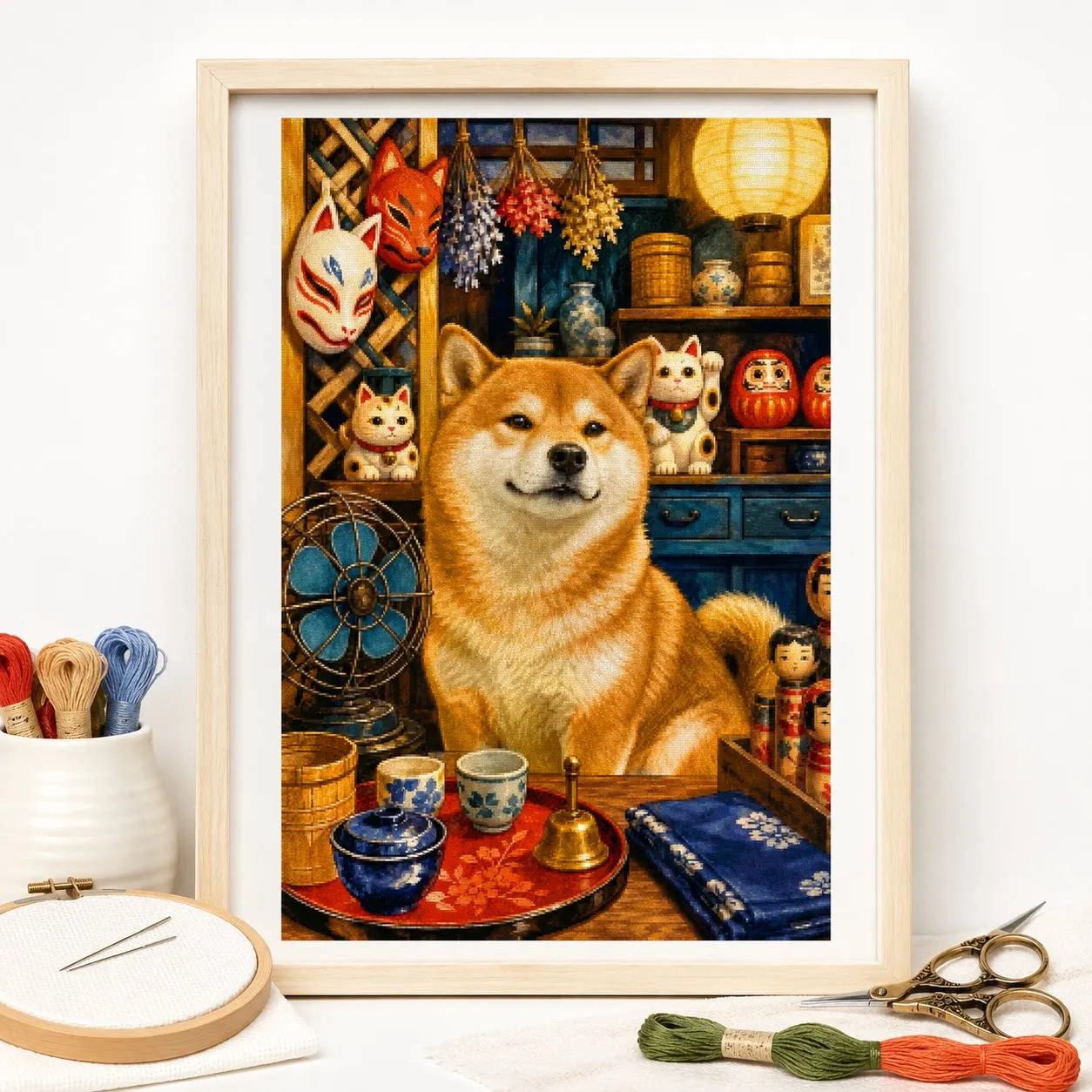[ZZ9236-Retro Japanese Shiba Inu]11CT 14CT 16CT DIY Stamped Cross Stitch Kit with Printed Canvas and Cotton Threads Embroidery
