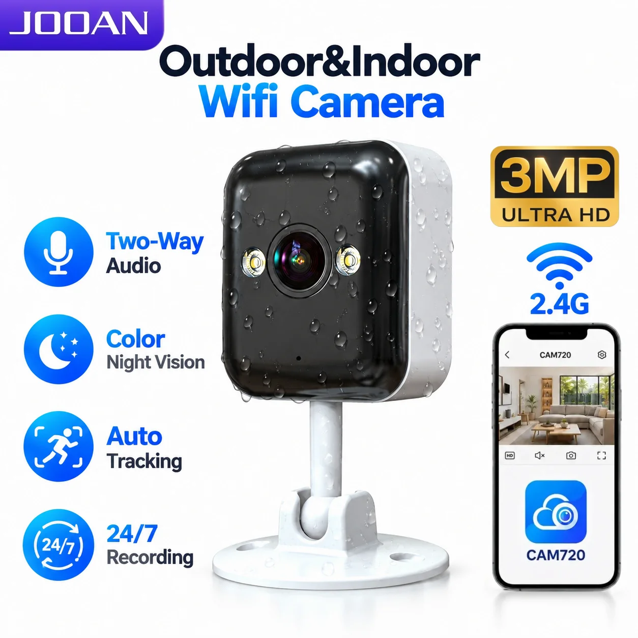 JOOAN 3MP Wifi Security Camera Outdoor 5X Zoom Auto-Tracking Color Night Vision Mini IP Camera for Home/Baby/Pet Monitor