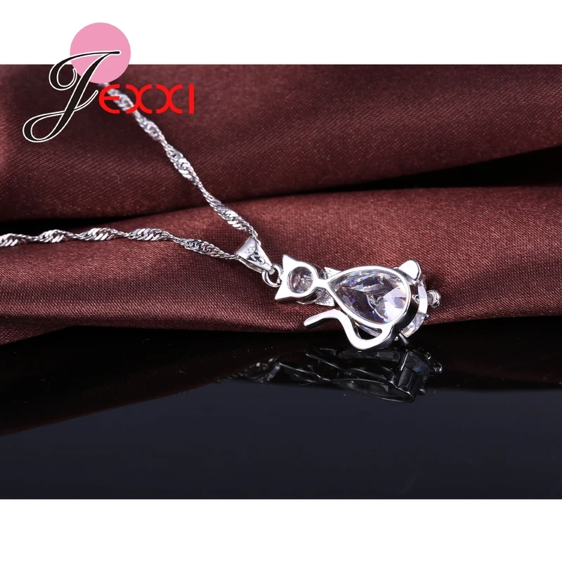 Genuine 925 Sterling Silver Lovely Cat Shape Cubic Zirconia Pendant Necklace Earrings Jewelry Sets For Women Ladies