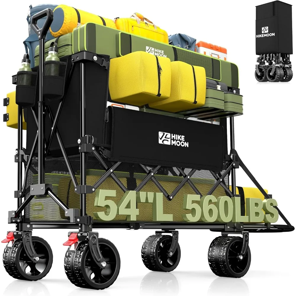 

400L Double Decker Wagon with Tailgate 54'' Extra Long, 560LBS Heavy Duty Wagons Carts Foldable, Big All-Terrain Wheels with Bra
