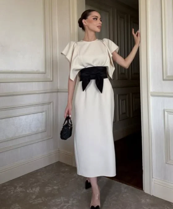 High Quality Customized O-neck Ankle Length Bow Color Contrast Short Sleeves Платье Корейский Стиль Kate Middleton Dress Dresses view 2