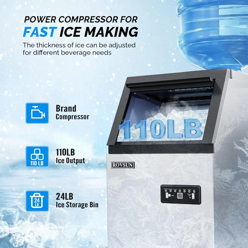 

Commercial Ice Maker Machine 110LBS/24H with 2 Water Inlets, Freestanding Ice Machine with 24lbs Storage Bin