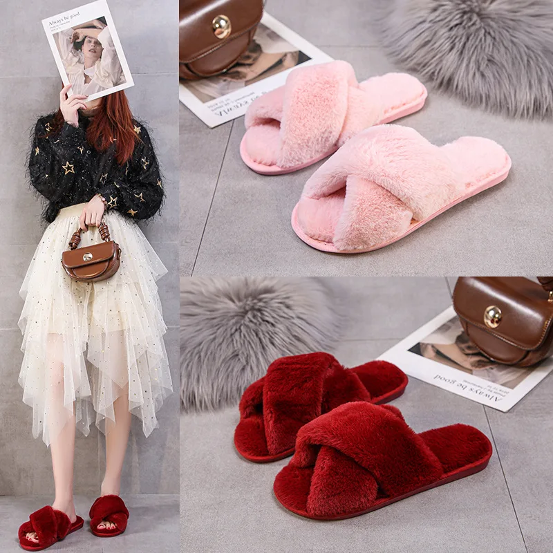 

Plush Crossed Slippers Women Comfortable Soft Indoor Slippers Fluffy Multicolor Sweet Slippers For Woman Elegant Causal No Slip