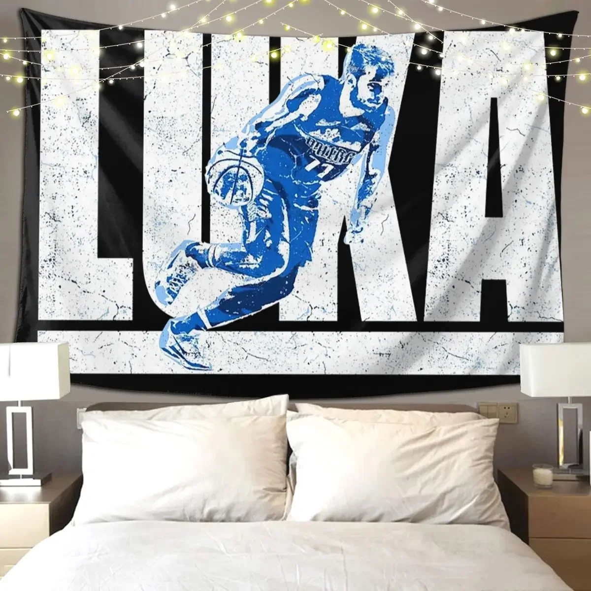 Luka Doncic Distressed Logo Design With Silhouette Tapestry Hippie Wall Hanging Home Decor Tapestries for Room Bedroom Dorm Room