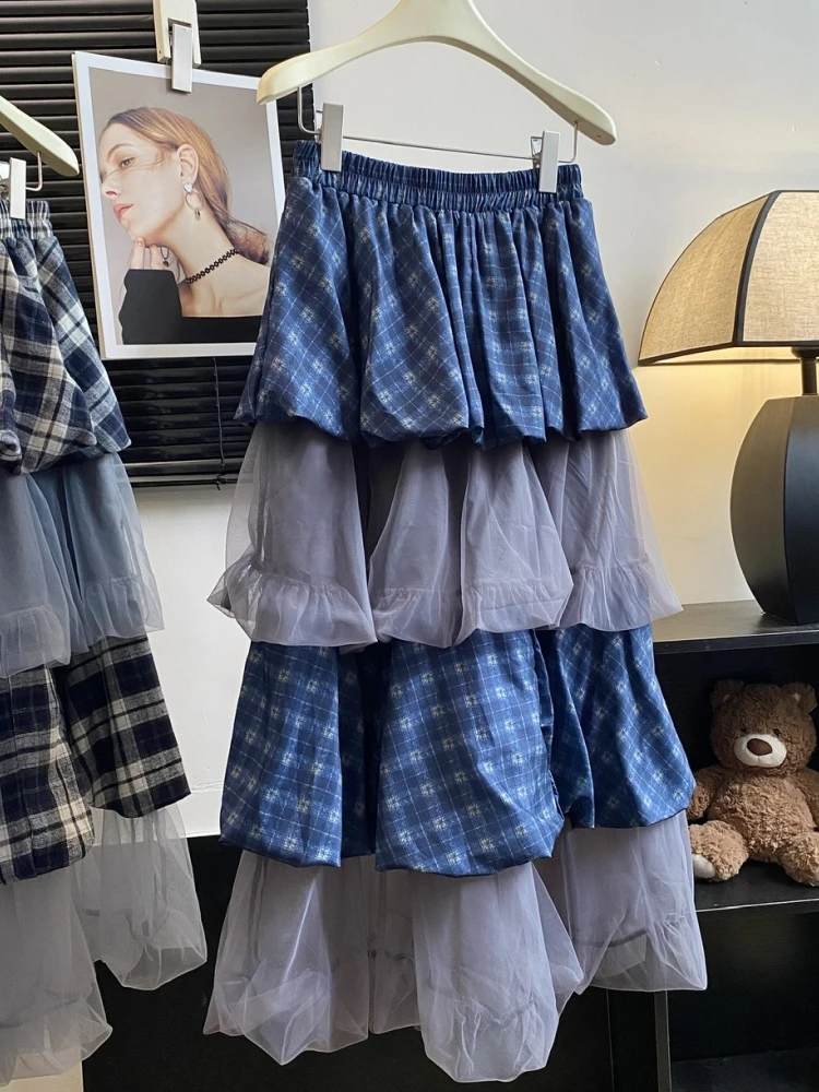 Qiukichonson Y2K Midi Long Skirts Womens Ball Gown Skirt Summer High Waisted High Low Patchwork Mesh Skirts Plaid Skirts rok