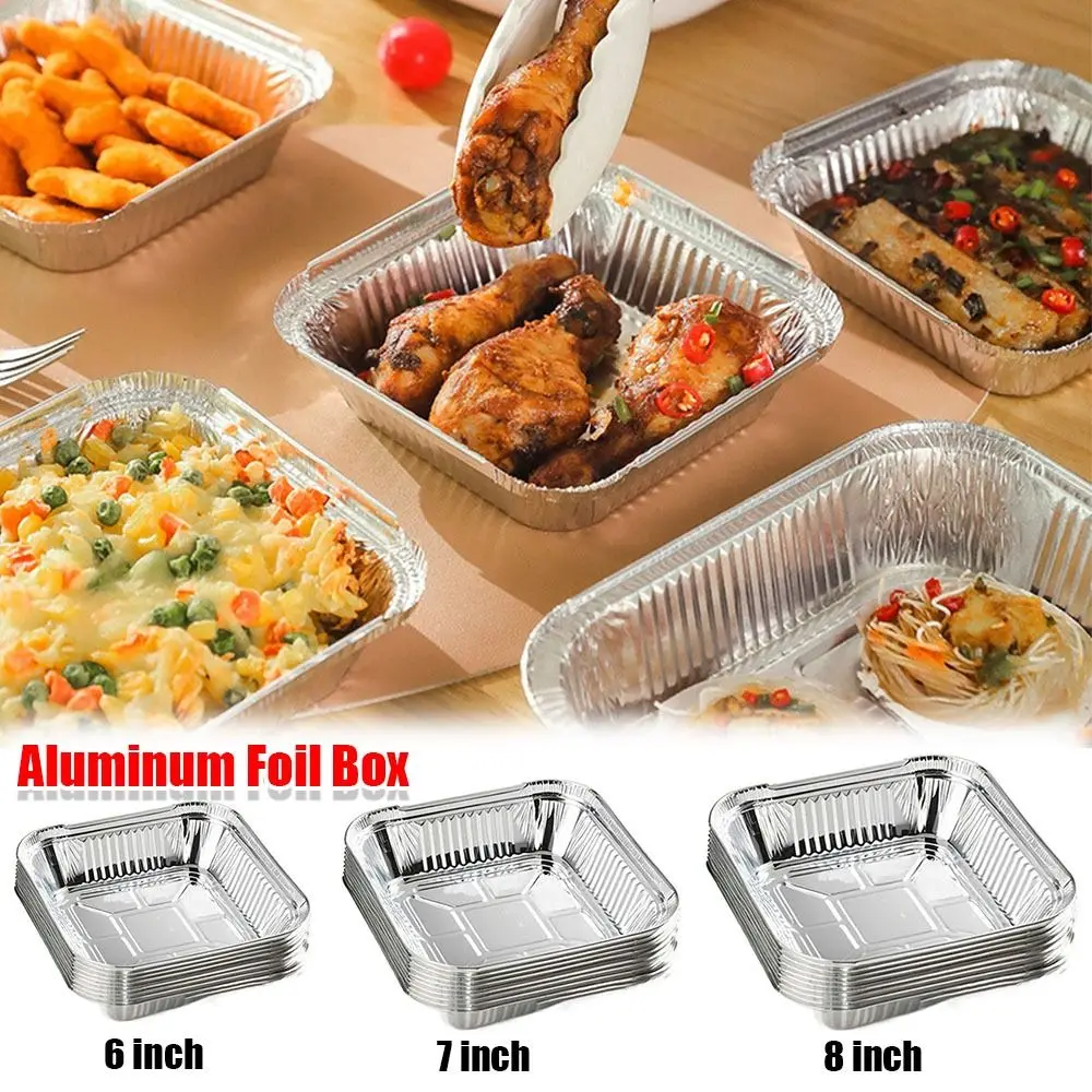 10Pcs 6/7/8 Inch Food Tin Foil Tray Reusable Non-stick Aluminum Foil Box Oven BBQ Baking Tools Oil-resistant Air Fryer Tray