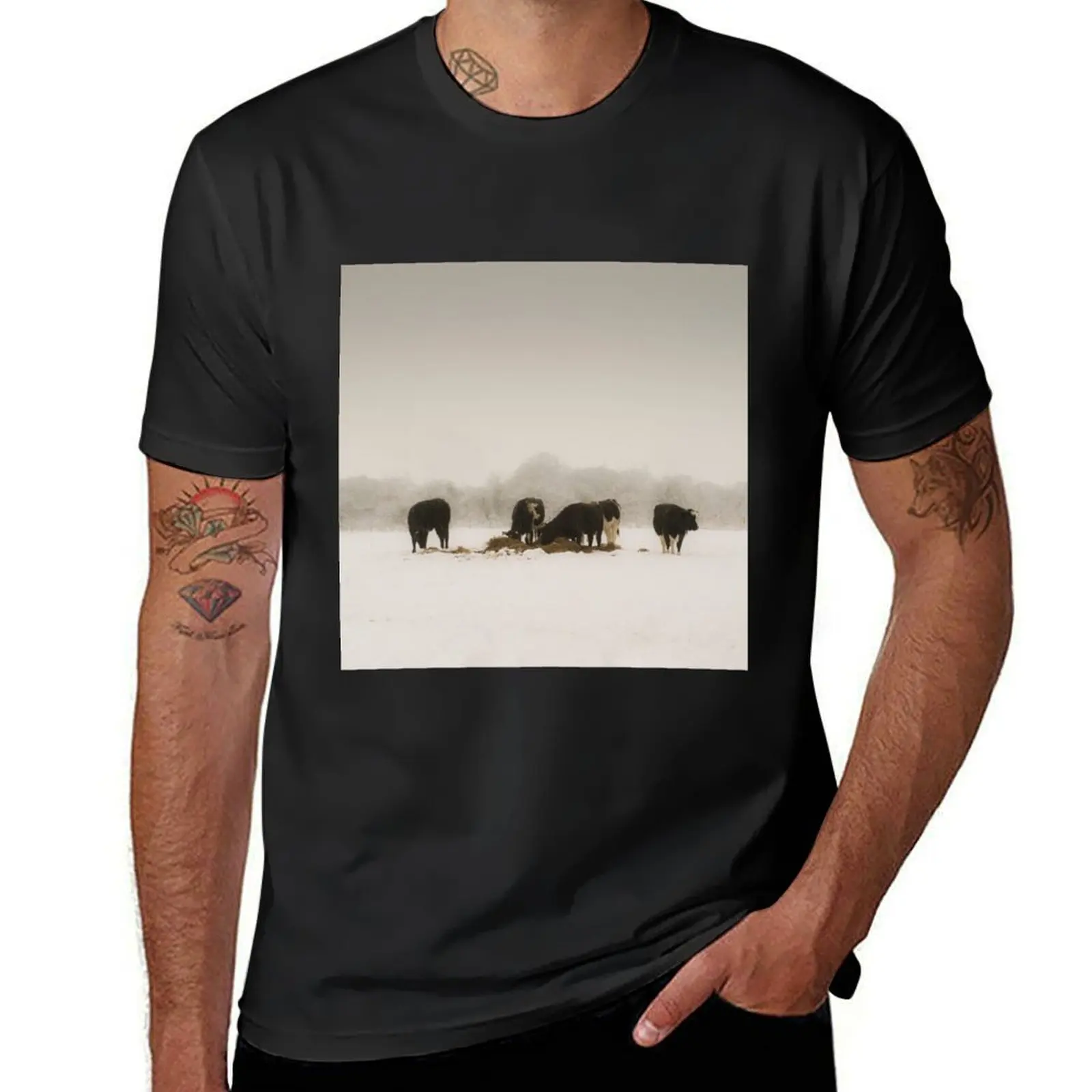 Rural winter scene: Cows grazing in snow storm T-Shirt Blouse sports fans tees boys animal print men t shirts