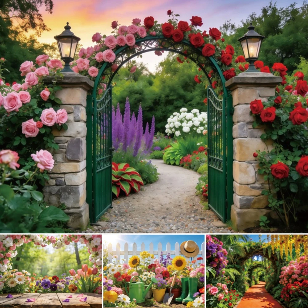 Wonderland Whimsical Photocall Background Girls Birthday Party Floral Arch White Fence Sunflowers Forest Cake Smash Backdrop