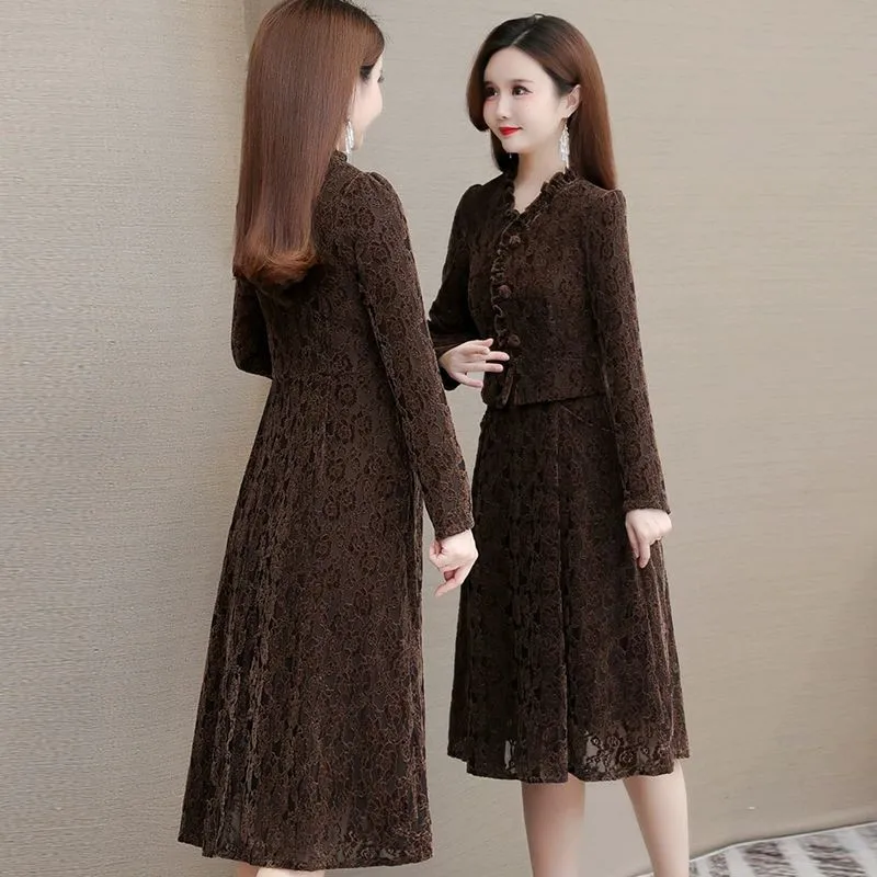 Fake Two-piece Women's Plus Velvet Padded Dress 2025 Autumn Winter New Female Middle-aged Mother Slim Vestidos Bottoming Skirt