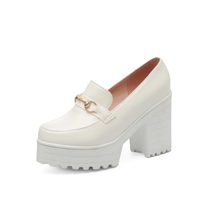 

Туфли-лодочки женские с металлическим украшением, высокий каблук, платформа, панк, круглый носок, вечерняя Обувь, черные белые бежевые