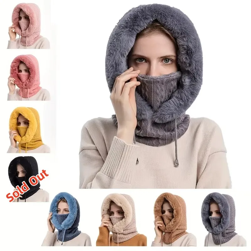 Winter Fur Cap Mask Set Balaclava Ski Windproof Hat  Plush Knitted Hat Hooded Neck Cold-proof Warmer Outdoor Hike Cycling Cap