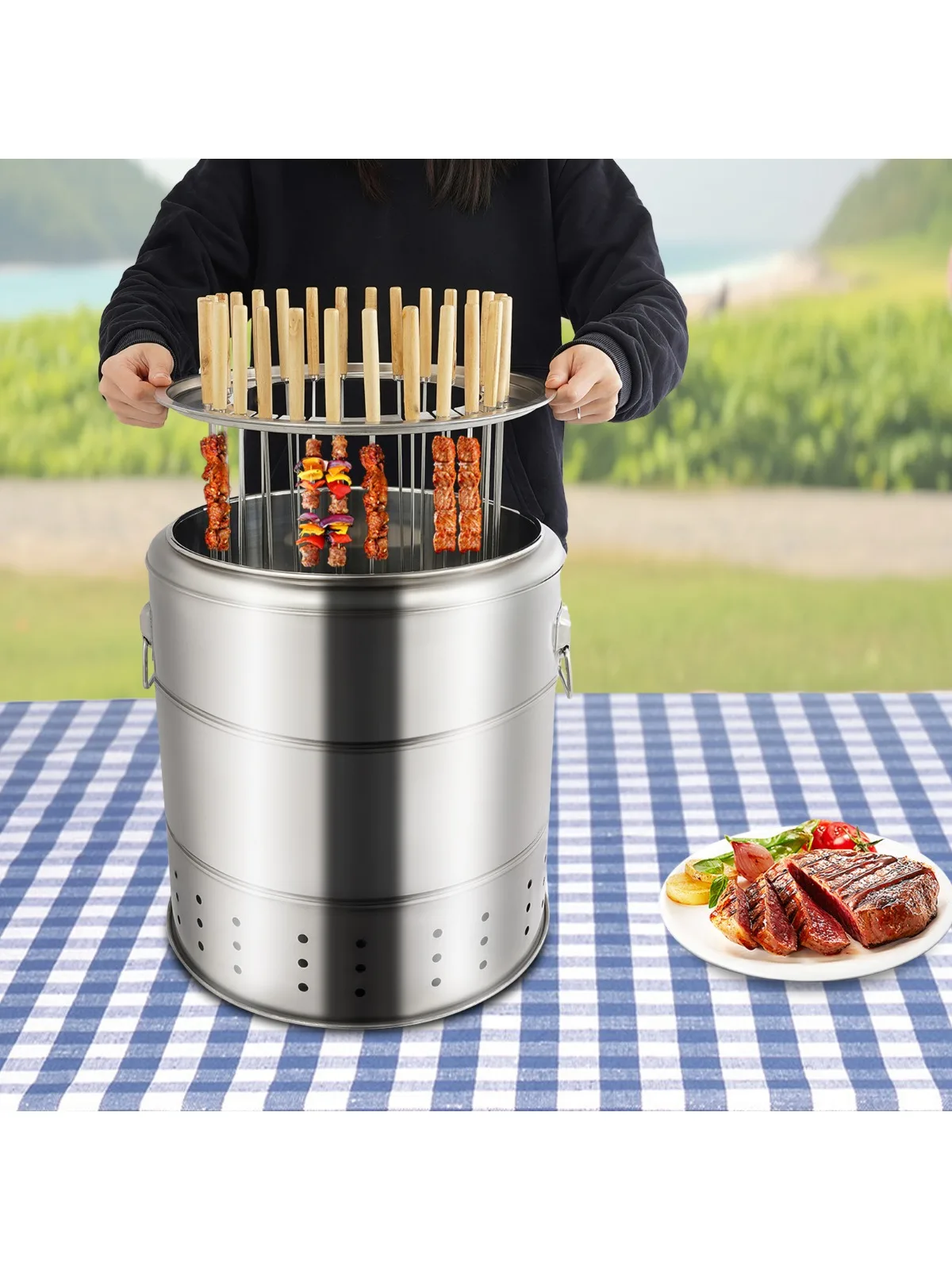 

Portable Stainless Steel Surround Charcoal kebab Grill with 28 Skewers Grilling Accessories Set for Camping Picnic Patio
