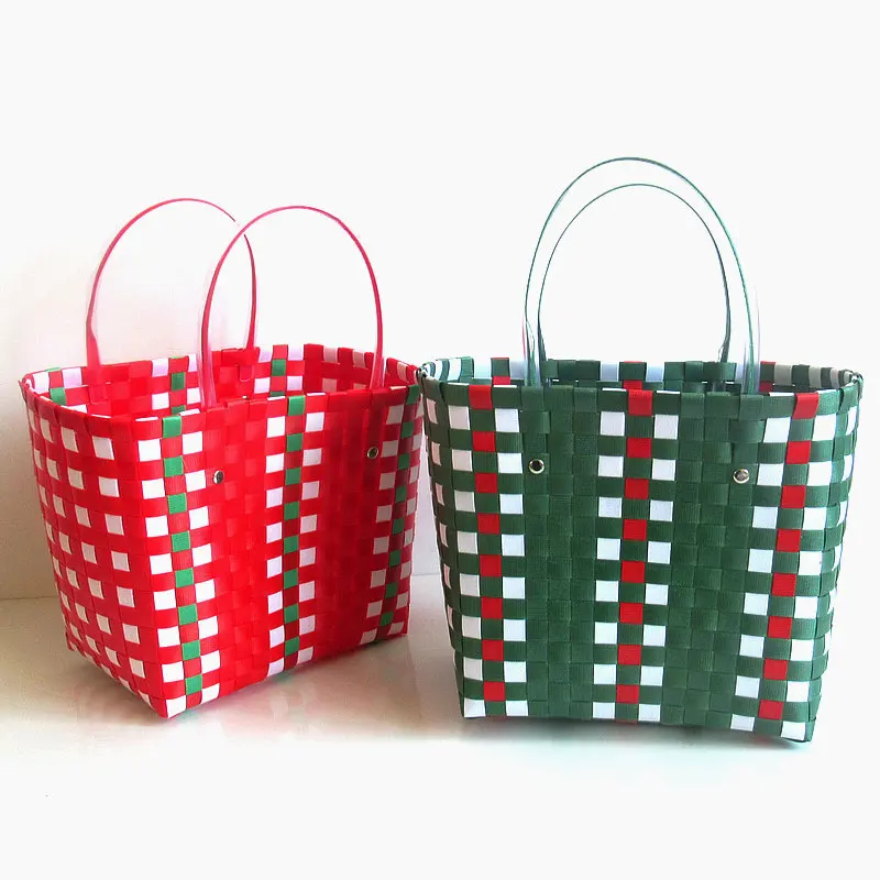 Fashion Hand-woven vegetable basket Fruit bag woven contrast color handbag Large-capacity Bump Color Woven Vegetable Basket