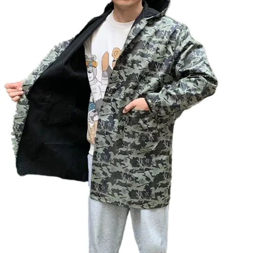 Winter Fleece Lined Waterproof Workwear Dustproof Long Sleeve Hooded Oil Resistant Kitchen Apron Anti Stain Outdoor Clothing