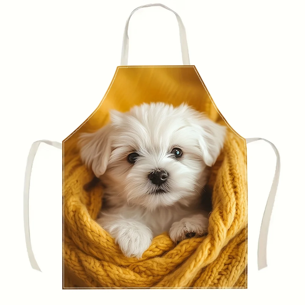 Cute White Puppy Apron, Fluffy Dog Kitchen Bib, Realistic Pet Lover Cooking Apron, Cozy Animal Chef Waistcloth, Dog Mom Gift