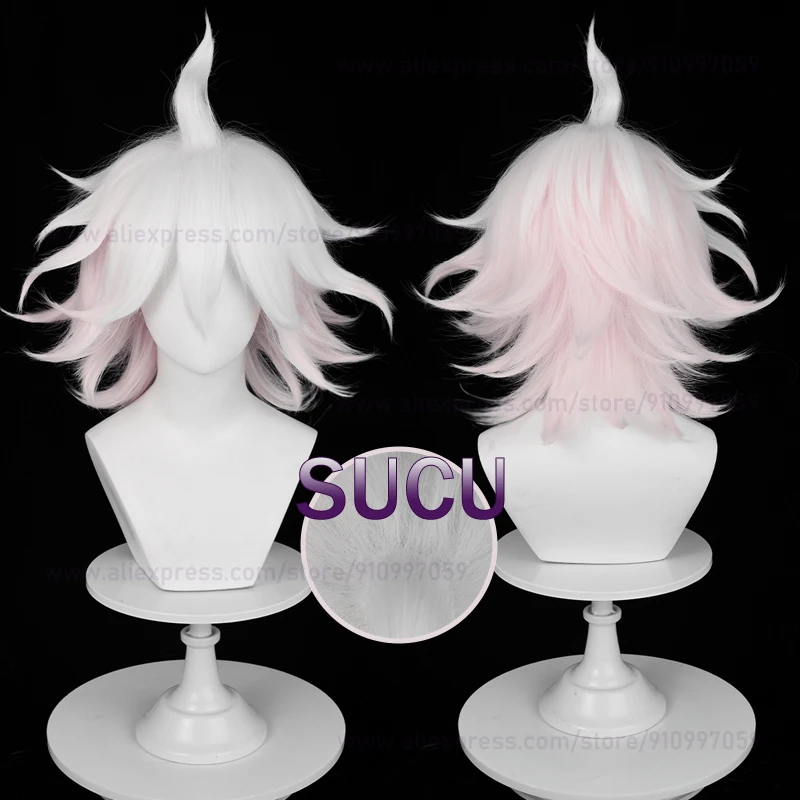 

Anime Nagito Komaeda Cosplay Wig 37cm Pink White Gradient Hair Halloween Heat Resistant Synthetic Wigs + Wig Cap