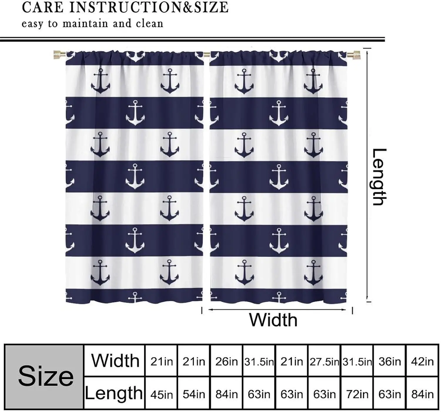 2 Panels Navy White Stripe Anchor Print Blackout Curtains Nautical Marine Ship Pattern Drapes Coastal Bedroom Balcony Window