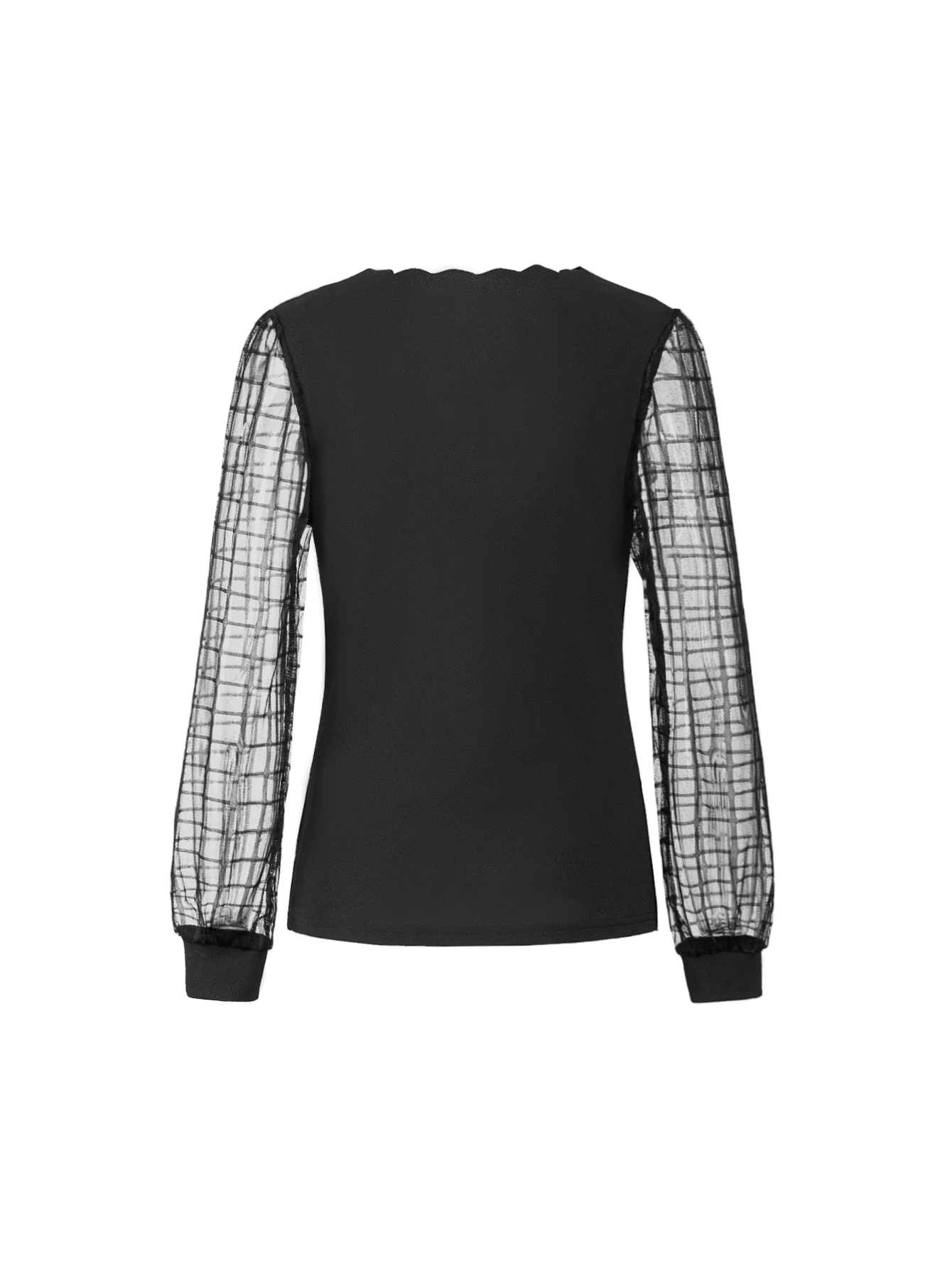 بلوزة نسائية ذات أكمام منتفخة شفافة ورقبة على شكل حرف V باللون الأسود - ملابس كاجوال أنيقة