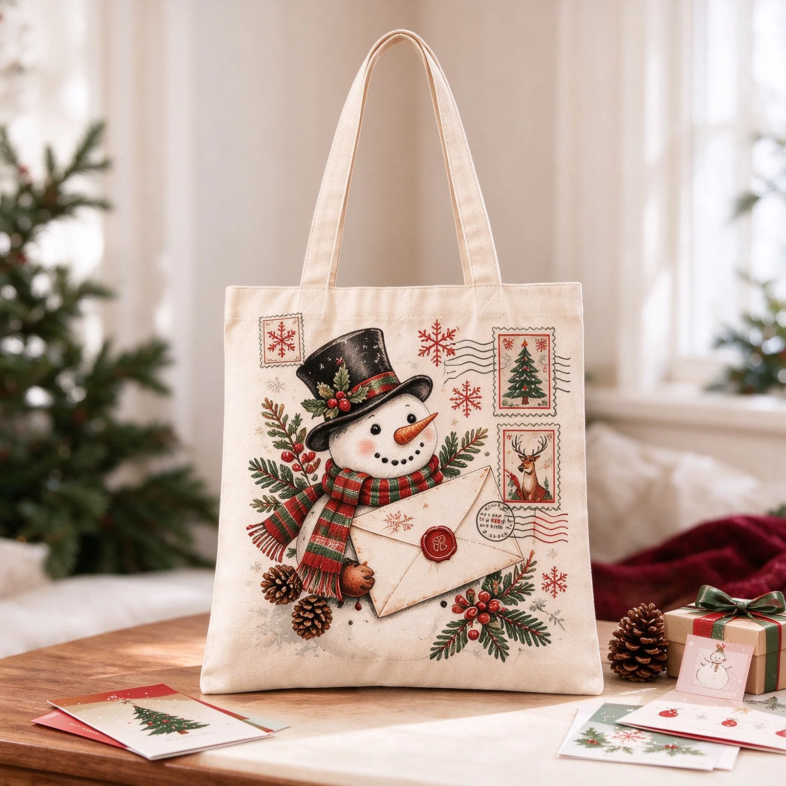 Vintage Christmas Snowman Mail Canvas Tote Bag Large Reusable Shopping Handbag Women Casual Shoulder Bag Holiday Xmas Gift