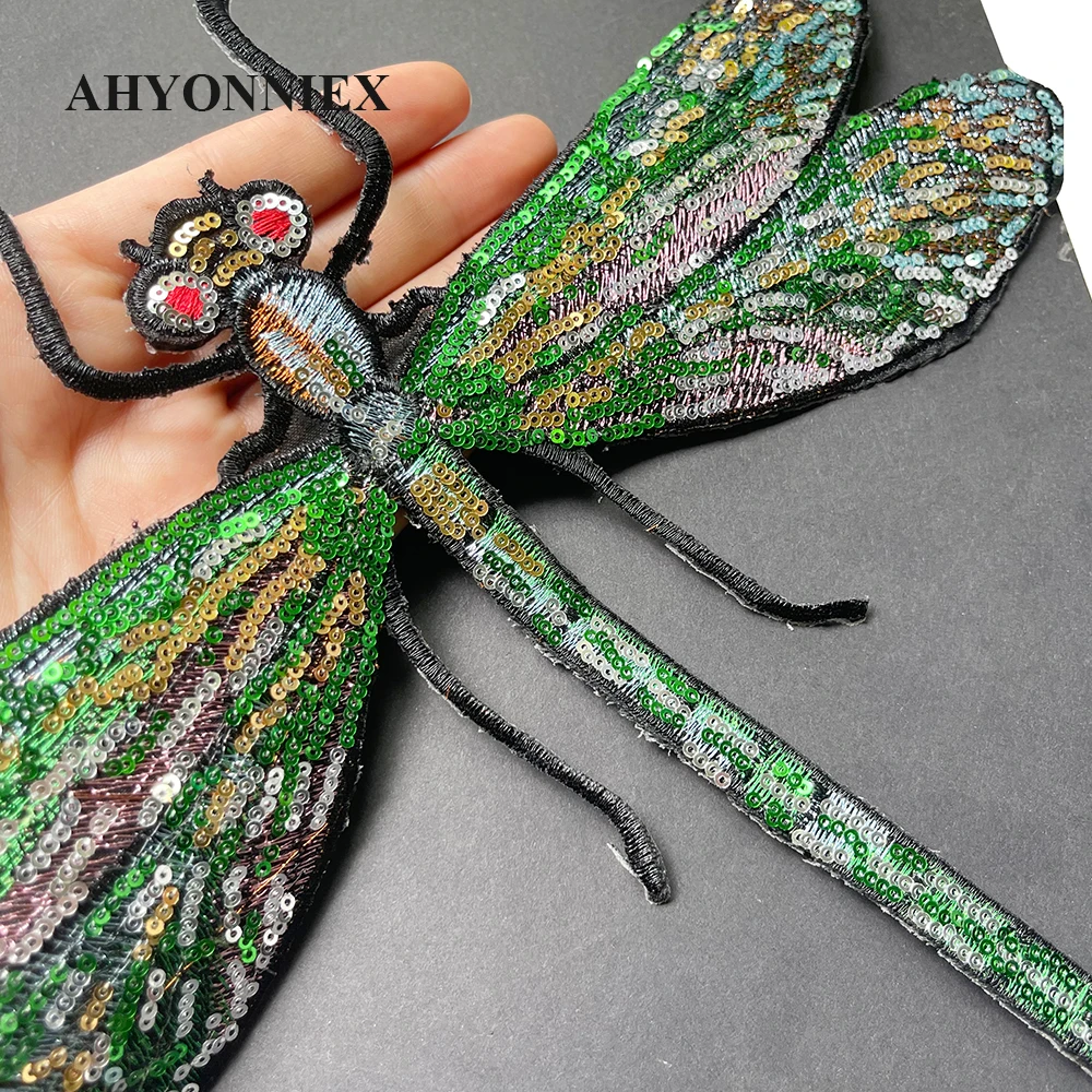 Large Green Dragonfly Patch Sequins Patches For Clothing Clothes Sticker Appliques Iron On Parches