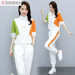 2024Summer New Korean Comfortable Sports Suit Female Short Sleeved Tops Pants Suit Two Piece Set Women's Tracksuit