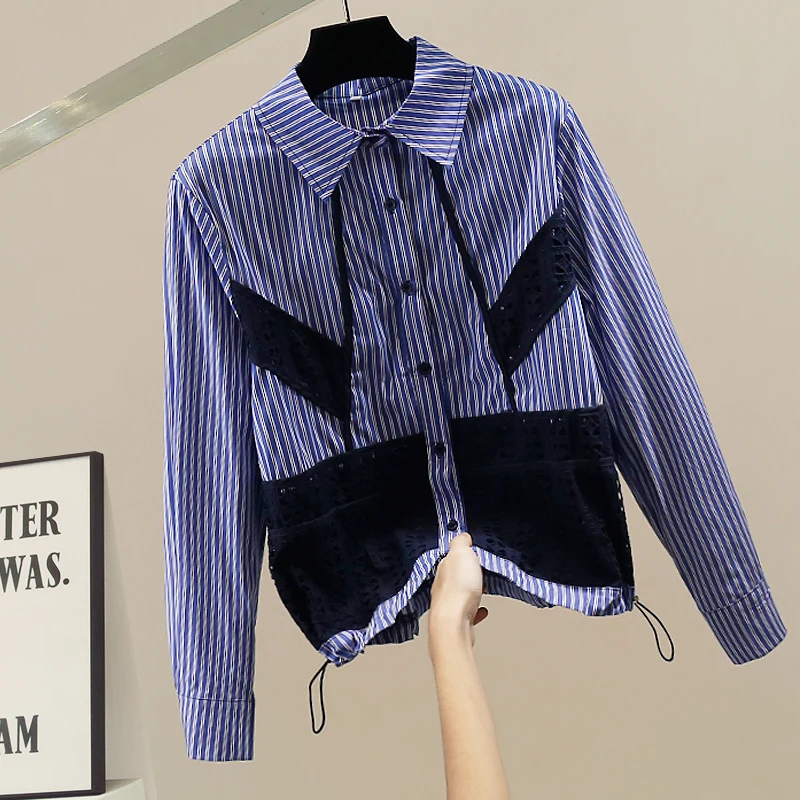 

Faionable Heavyweight Stripe Lace Hollow out Long Sve irt Design Casual Sle Loose Fit Breathable Comfortable Women's...