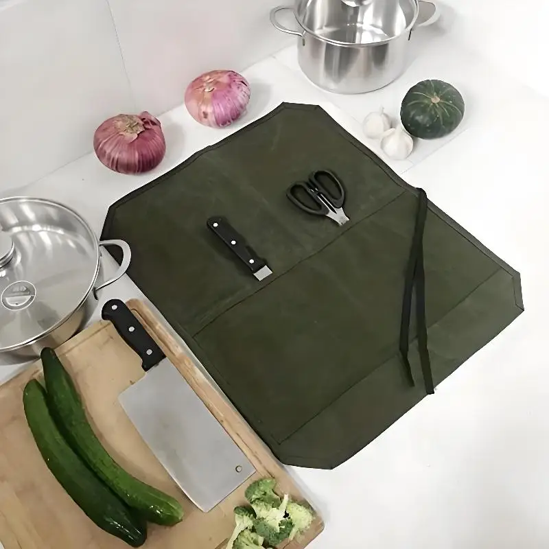 Waxed Canvas Chef Knife Roll Multiple Storage Slots Durable Kitchen Tool Bag Home Outdoor Cooking Storage Case