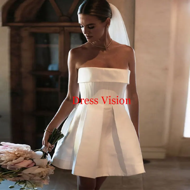 

New Style Satin Mini Wedding Dresses A-line Strapless Bride Gown Robe De Mariée Vestido De Noiva Robe Femme Chic Et élégante