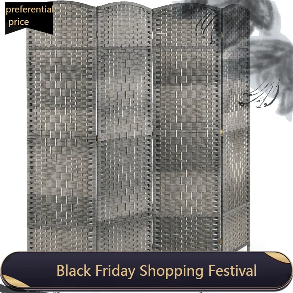 4 Panel Room Divider, 6Ft Folding Privacy Screen with Hand-Woven Diamond Pattern, Freestanding Partition Room Separator